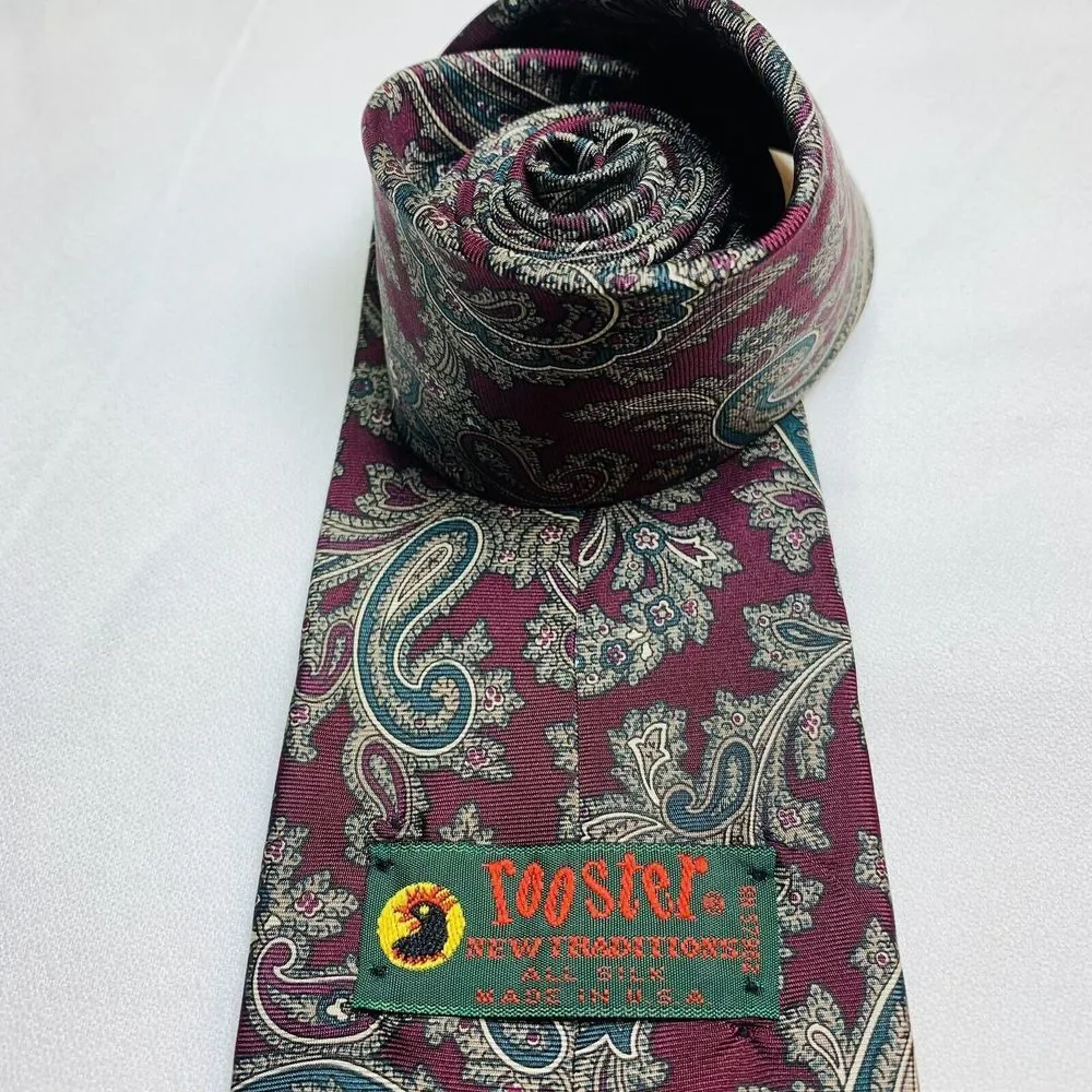Rooster Silk‎ Paisley Necktie Tie Preppy Office Professional Made USA READ